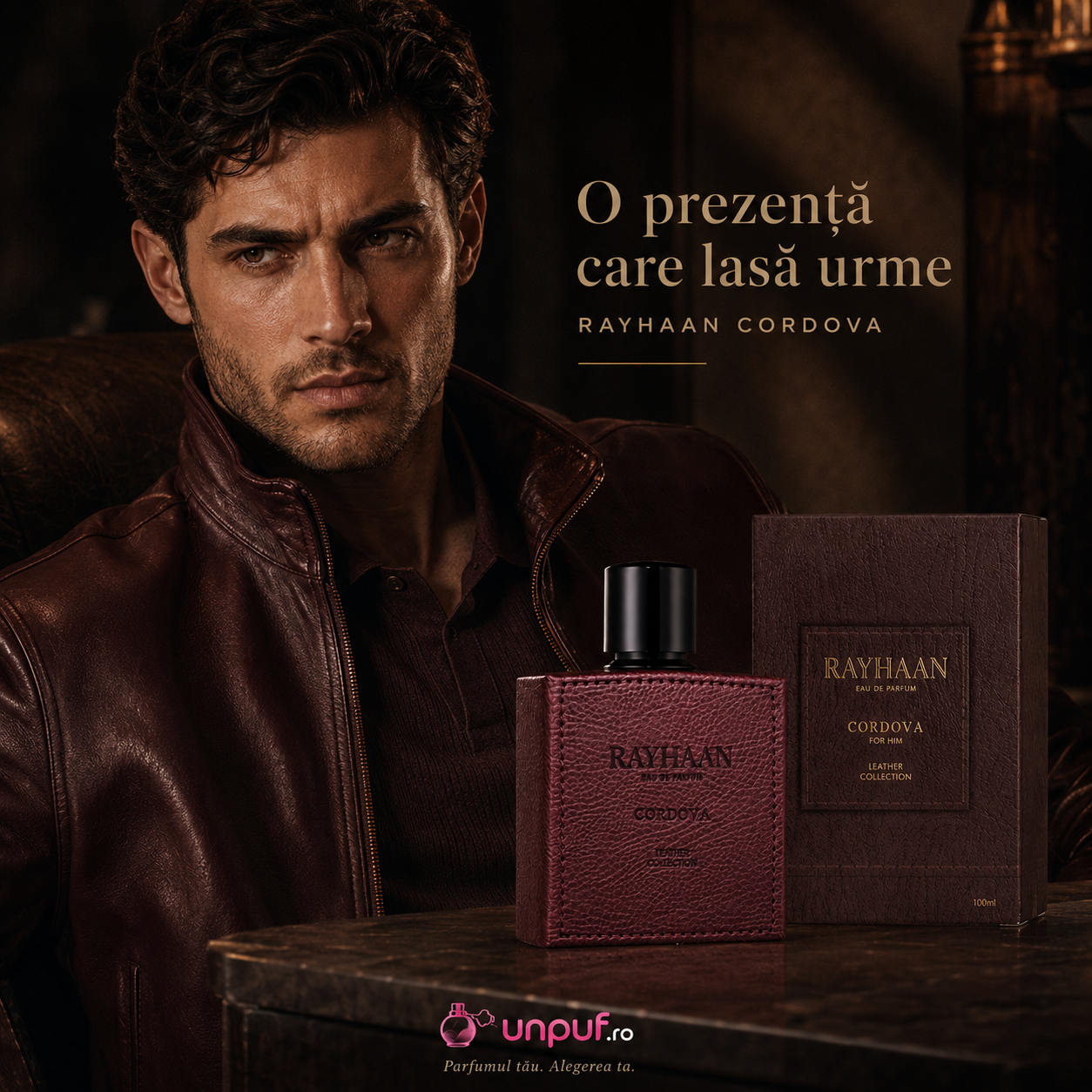Prezentare parfum Arăbesc Rayhaan Cordova pentru bărbați, flacon burgundy cu finisaj leather, ambalaj premium și detalii elegante